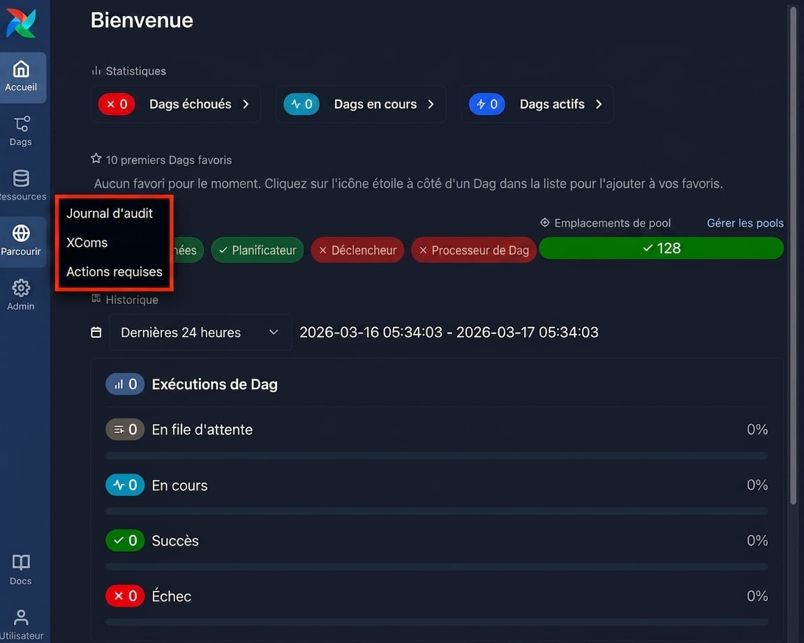 UI d’Airflow avec le menu Parcourir ouvert affichant l’option journal d’audit
