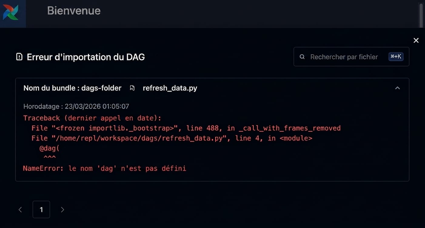 Détail d’erreur d’import Airflow affichant la traceback du Dag