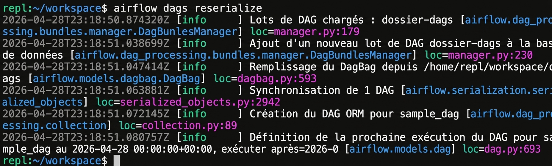 Terminal exécutant airflow dags reserialize pour forcer l’actualisation d’un Dag