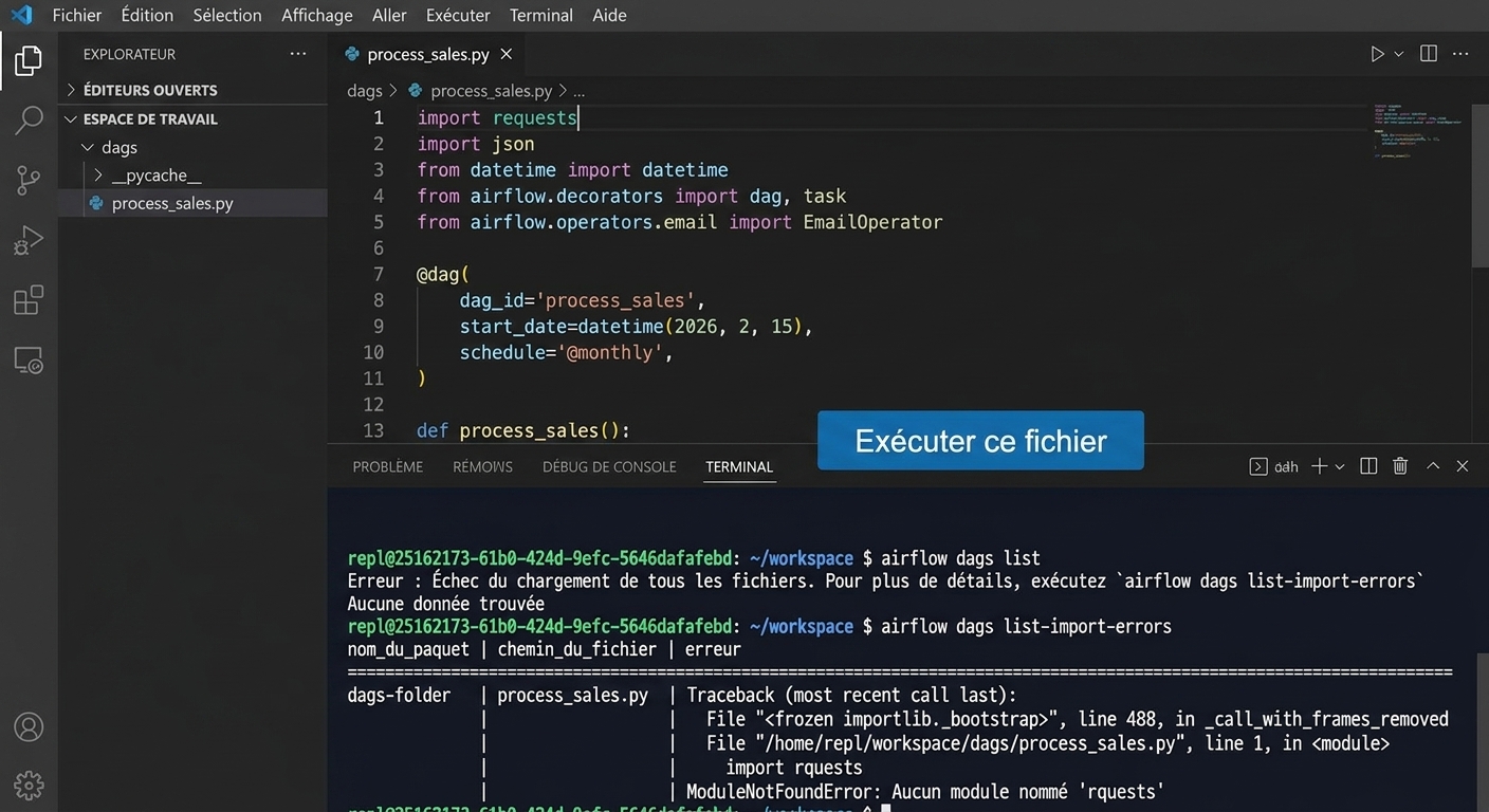 Sortie du terminal de airflow dags list-import-errors affichant une erreur