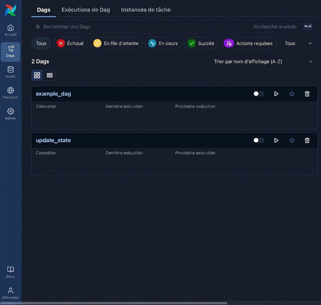 Vue Dags d’Airflow affichant deux Dags chargés avec des options d’interaction