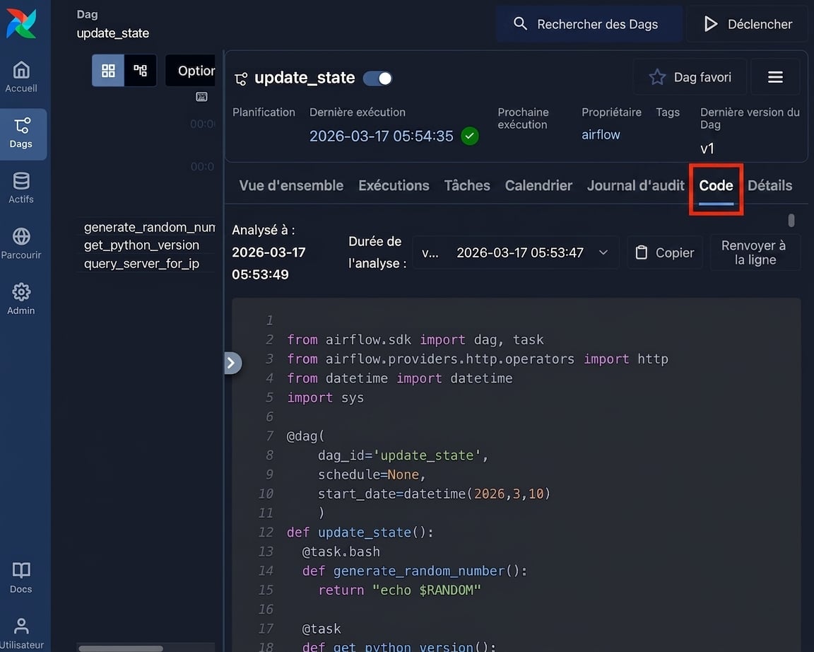 Vue code du Dag montrant le Python en lecture seule qui définit le Dag