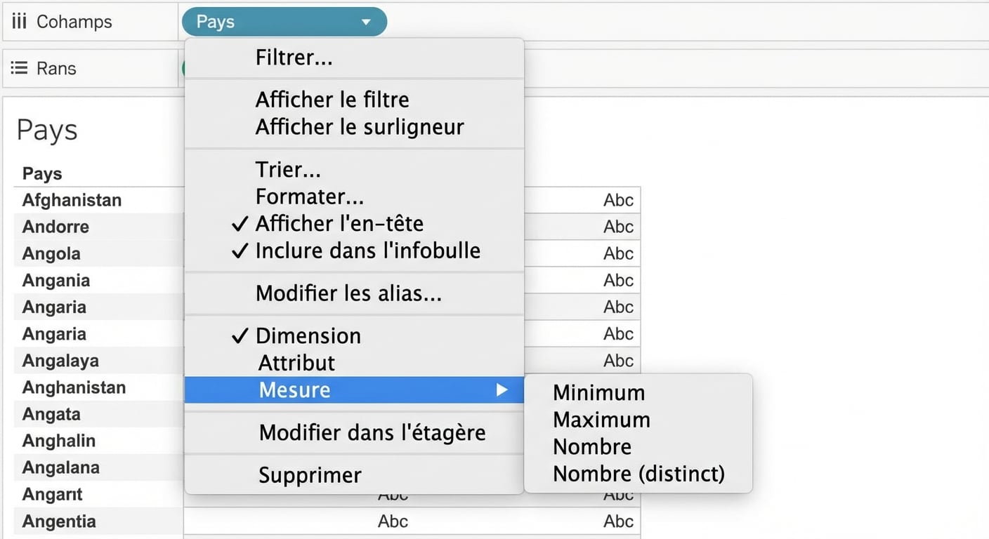 Menu déroulant de Tableau pour agréger des dimensions