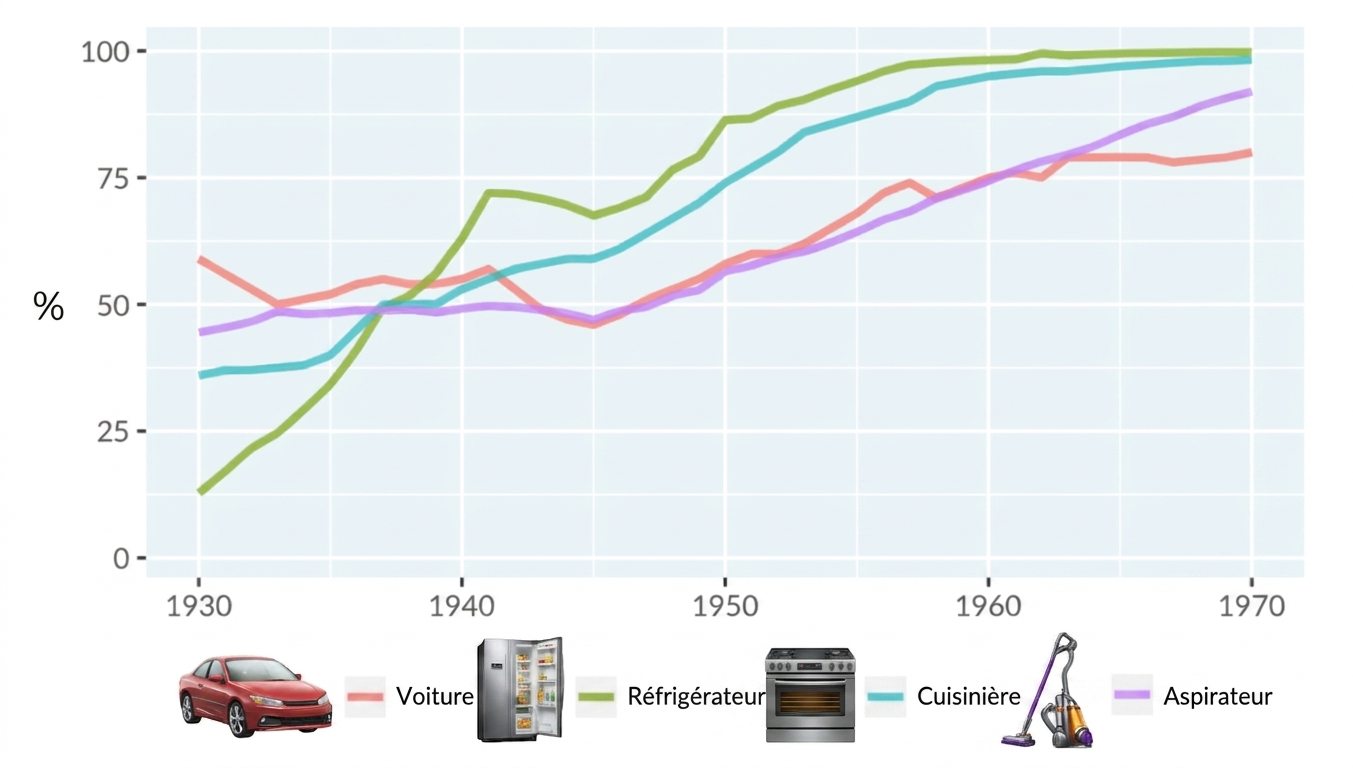 Diagramme linéaire de l'adoption des technologies par les ménages aux États-Unis. L'axe des abscisses va de 1930 à 1970 et l'axe des ordonnées de 0 à 100 %. Quatre lignes représentent l'adoption des automobiles, des réfrigérateurs, des cuisinières et des aspirateurs.