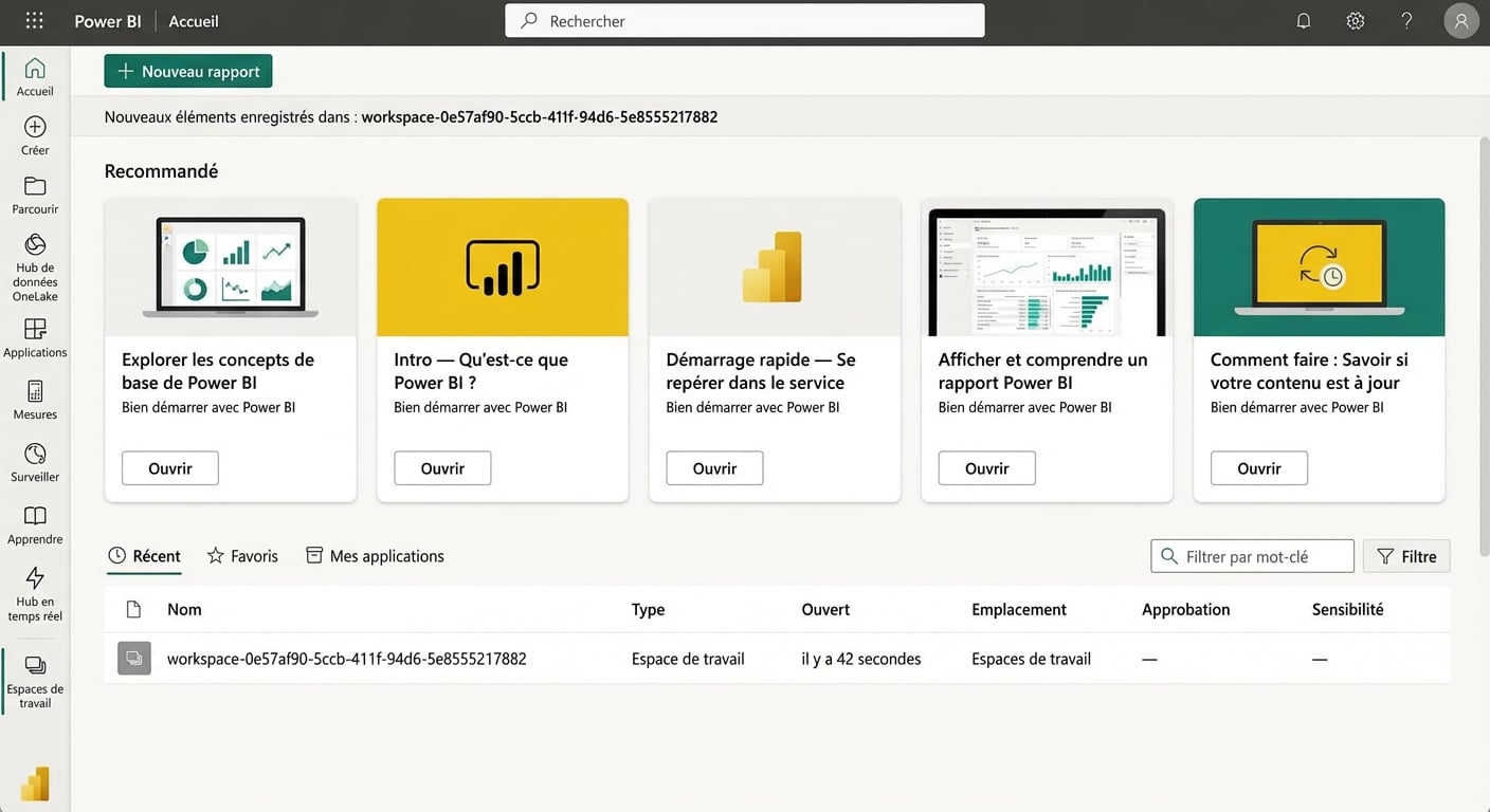 Page d'accueil une fois qu'un utilisateur se connecte au service Power BI