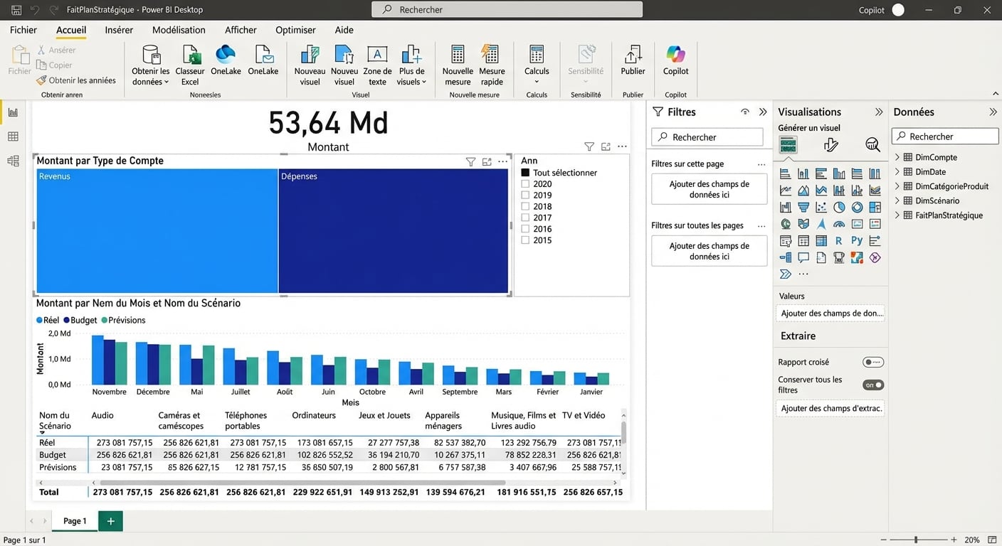Image d'un fichier Power BI Desktop avec des éléments visuels et les quatre vues mises en évidence à gauche