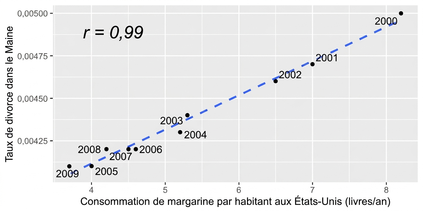 Diagramme en nuages de points de la consommation de margarine par habitant aux États-Unis en fonction du taux de divorce dans le Maine. Les variables sont fortement corrélées avec un coefficient de corrélation de 0,99