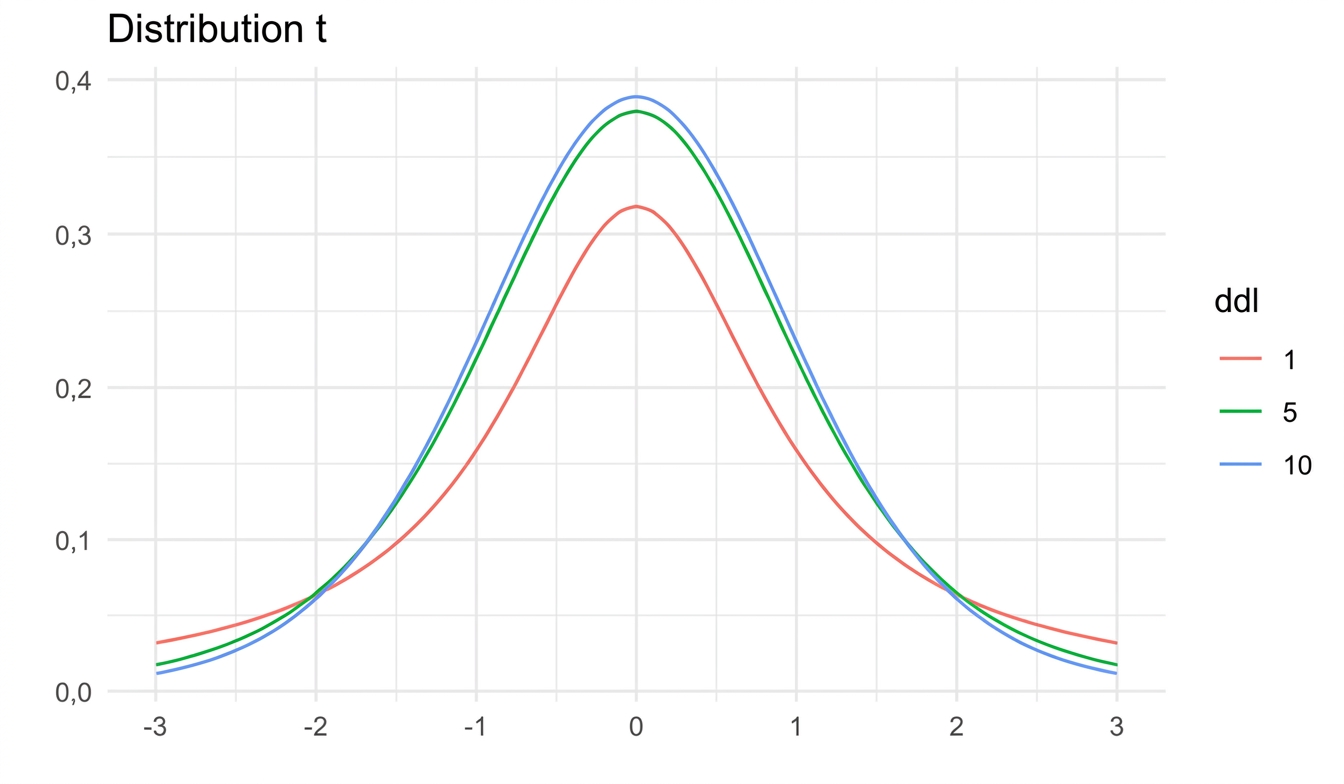 3 distributions t avec dl = 1, dl = 5, et dl = 10