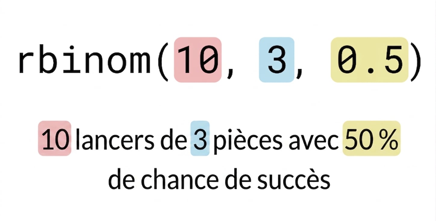 rbinom(10, 3, 0,5) avec 10 en rouge, 3 en bleu et 0,5 en jaune. Texte : 10 lancers (en rouge) de 3 pièces (en bleu) avec 50 % (en jaune) de chances de réussite