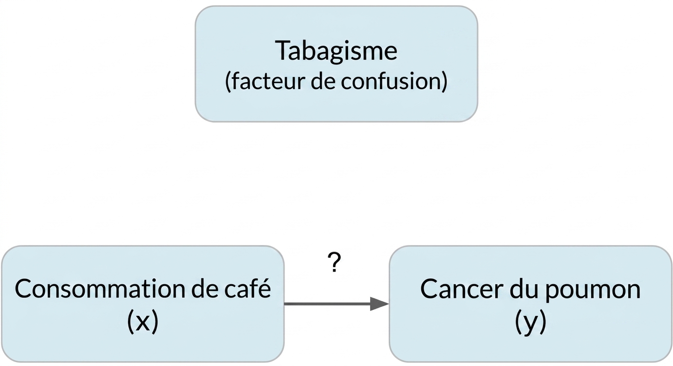 La consommation de café (x) indique le cancer du poumon (y) avec le tabagisme (facteur de confusion) ci-dessus