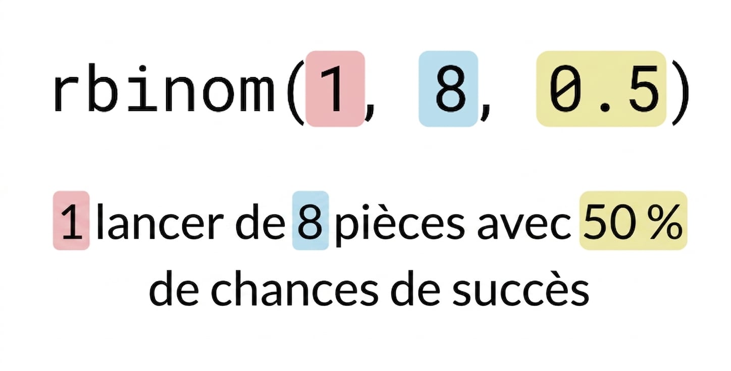 rbinom(1, 8, 0,5) avec 1 en rouge, 8 en bleu et 0,5 en jaune. Texte : 1 (en rouge) lancer de 8 (en bleu) pièces avec 50 % (en jaune) de chances de réussite