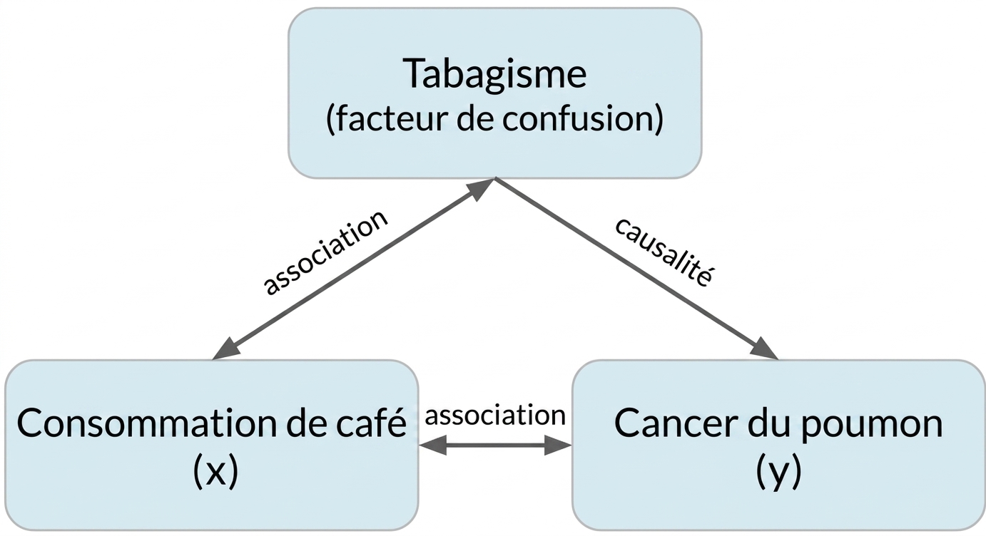 Consommation de café (x) avec double flèche vers le cancer du poumon (y) étiquetée « association ». Double flèche entre le tabagisme et la consommation de café, étiquetée « association ». Flèche entre le tabagisme et le cancer du poumon, étiquetée « causalité ».