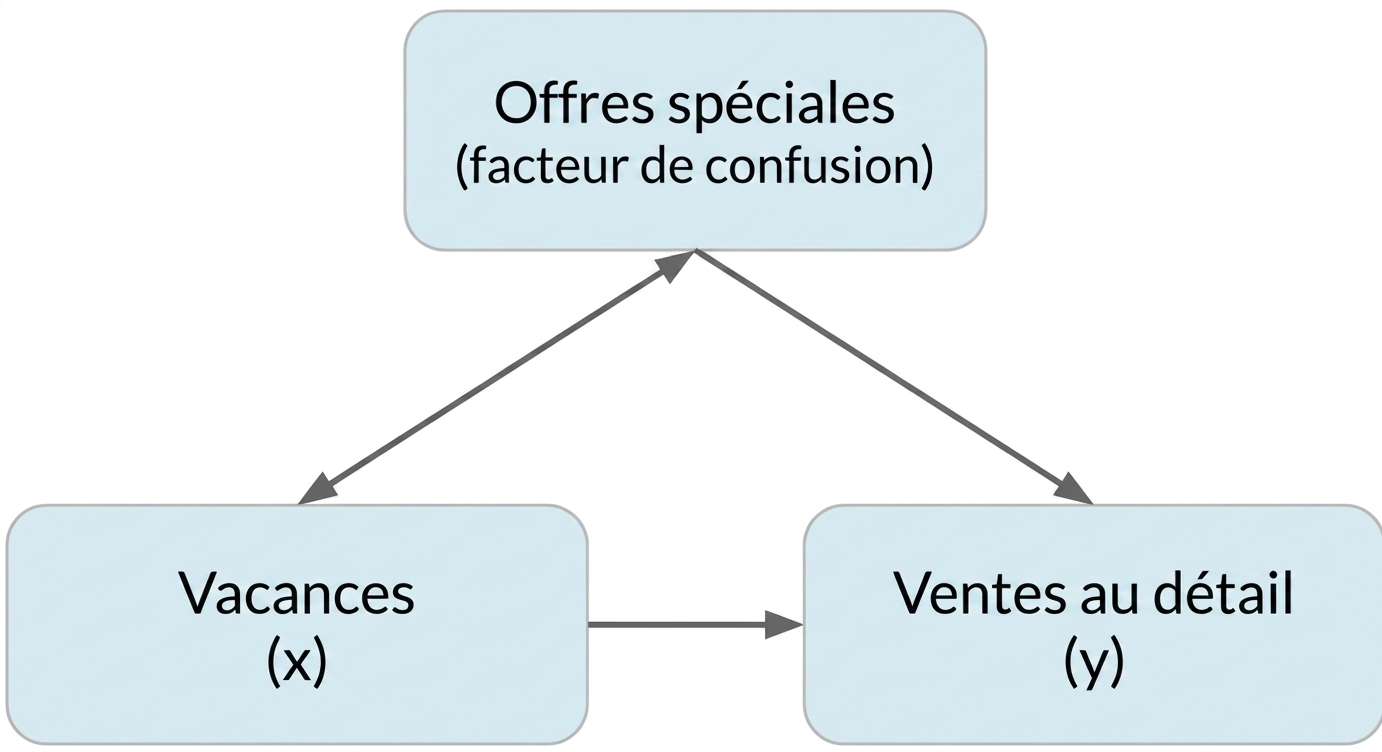 Les vacances (x) indiquent des ventes au détail (y). Les offres spéciales (facteur de confusion) ont une flèche double vers les vacances et une flèche simple vers les ventes au détail.