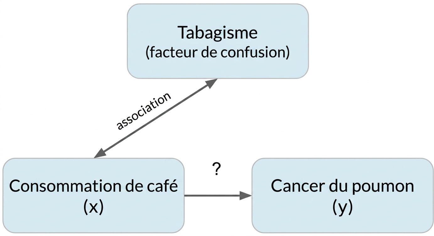 La consommation de café (x) indique le cancer du poumon (y) avec le tabagisme (facteur de confusion). Double flèche entre le tabagisme et la consommation de café, étiquetée « association ».