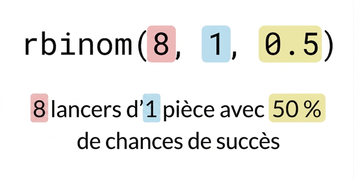 rbinom(8, 1, 0,5) avec 8 en rouge, 1 en bleu et 0,5 en jaune. Texte : 8 lancers (en rouge) d'une pièce (en bleu) avec 50 % (en jaune) de chances de réussite