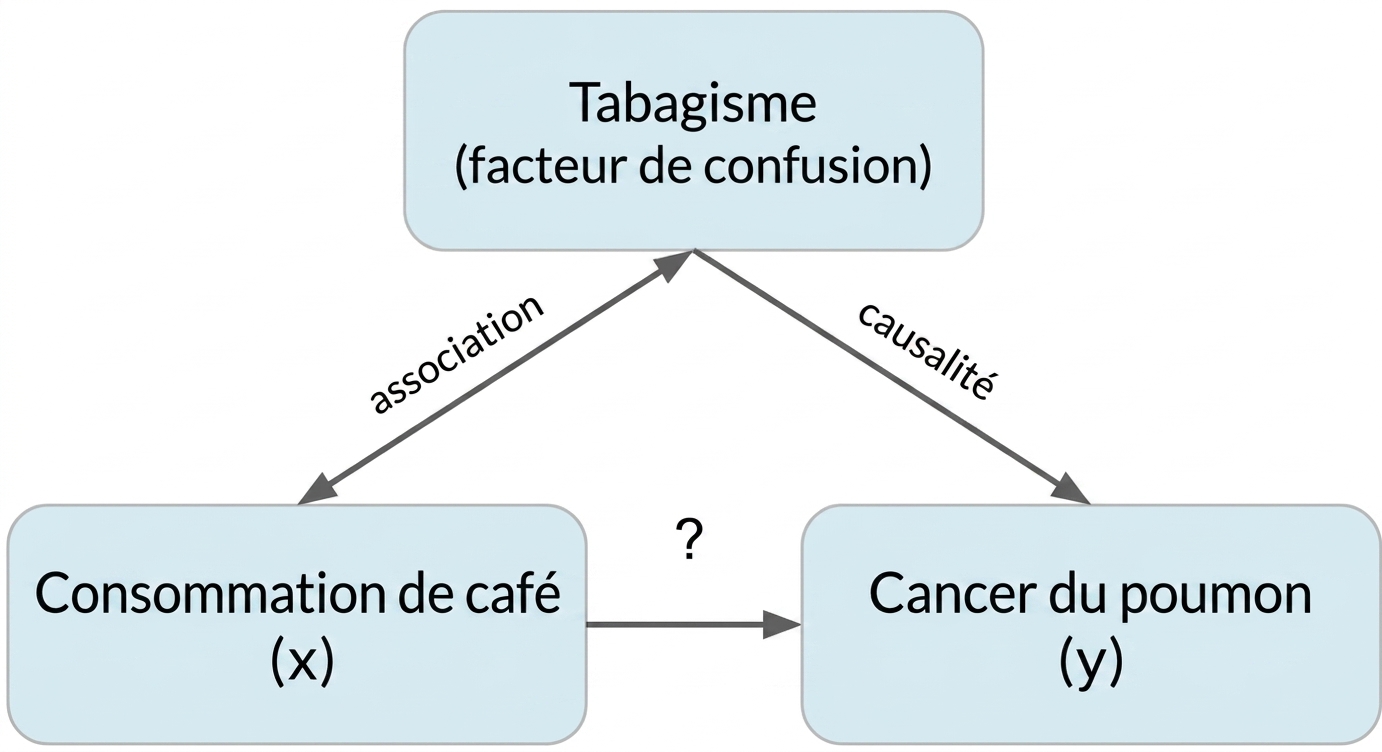 La consommation de café (x) indique le cancer du poumon (y) avec le tabagisme (facteur de confusion). Double flèche entre le tabagisme et la consommation de café, étiquetée « association ». Flèche entre le tabagisme et le cancer du poumon, étiquetée « causalité »