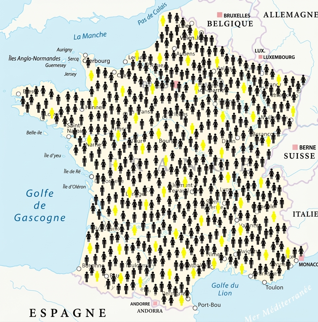 Une carte de la France avec des icônes de personnes, dont certaines sont mises en évidence.