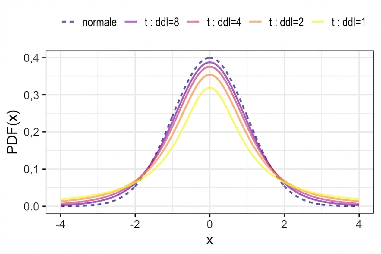 Graphique montrant la PDF d’une loi normale standard comparée à une loi t avec divers degrés de liberté. Quand les degrés de liberté augmentent, les queues s’affinent et le pic s’élève, se rapprochant de la normale.