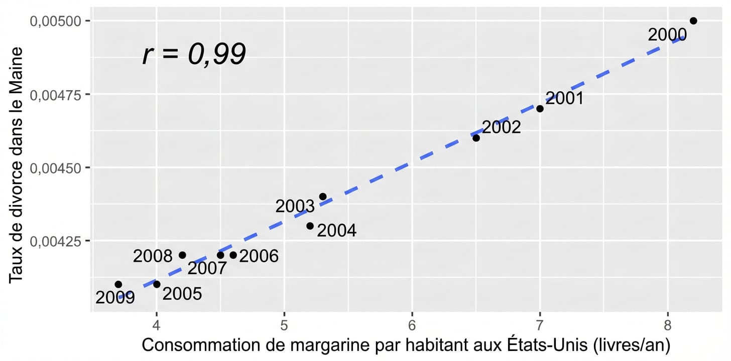Diagramme en nuages de points de la consommation de margarine par habitant aux États-Unis en fonction du taux de divorce dans le Maine. Les variables sont fortement corrélées avec un coefficient de corrélation de 0,99
