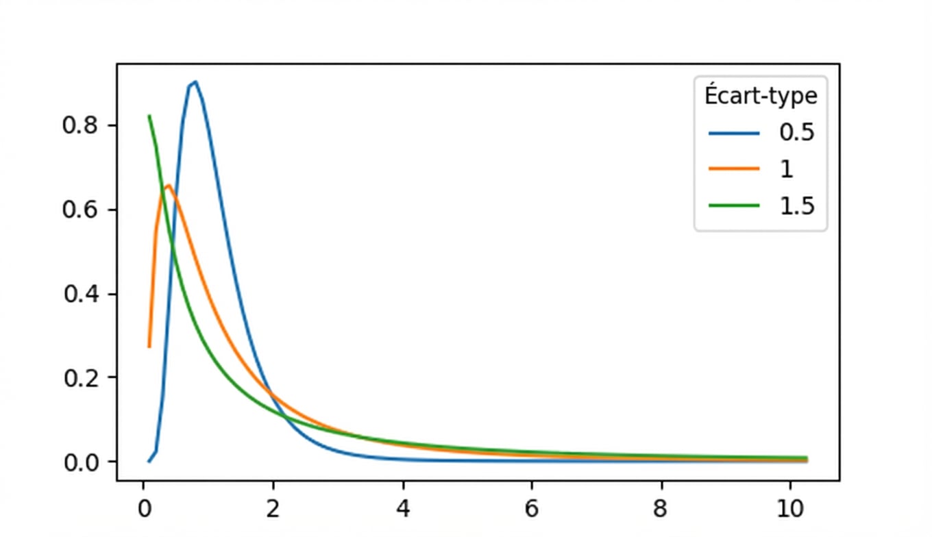 3 distributions log-normales avec écart-type = 0,5, écart-type = 1, et écart-type = 1,5