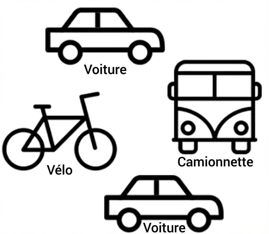 2 voitures, 1 bus, 1 vélo