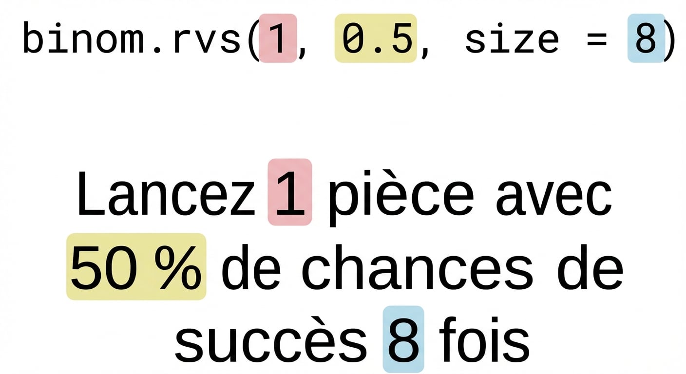 binom.rvs(1, 0.5, 8) avec 1 en rouge, 0.5 en jaune, 8 en bleu. Texte : Lancer 1 (en rouge) pièce avec 50 % (en jaune) de chances de succès, 8 (en bleu) fois