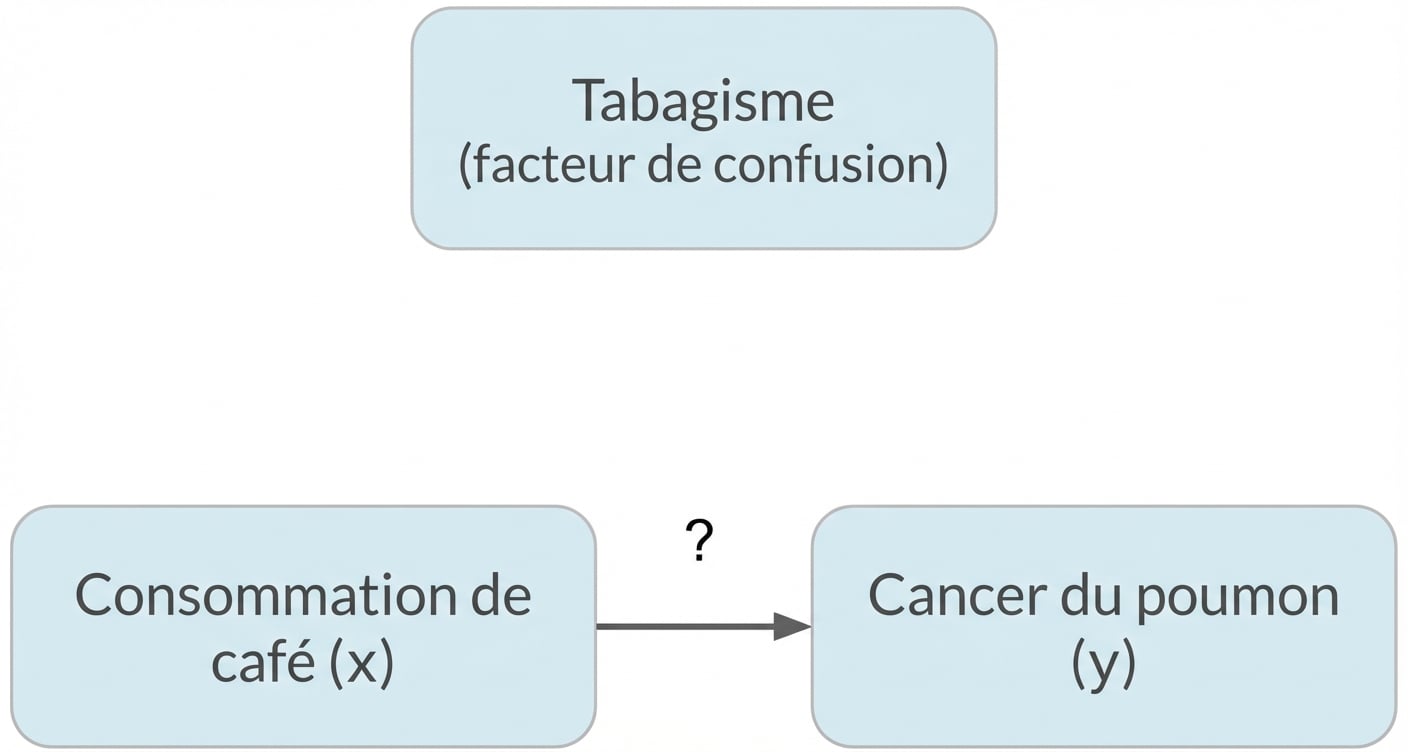 La consommation de café (x) indique le cancer du poumon (y) avec le tabagisme (facteur de confusion) ci-dessus