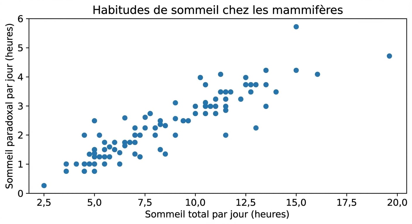 Graphique des habitudes de sommeil des mammifères, montrant le sommeil total par jour par rapport au sommeil paradoxal par jour