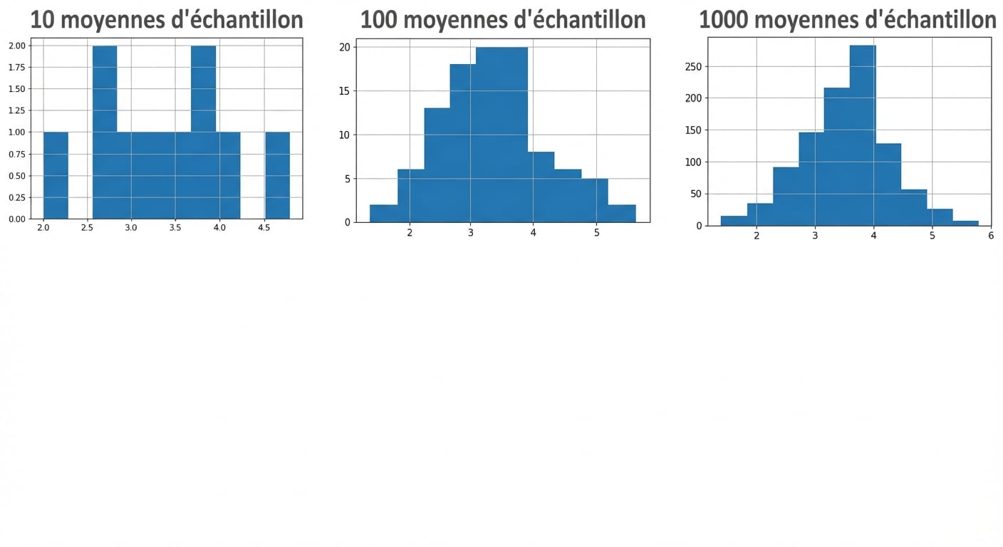 histogrammes de 10, 100 et 1000 moyennes d’échantillon, où un nombre plus élevé de moyennes d’échantillons a une distribution plus en forme de cloche