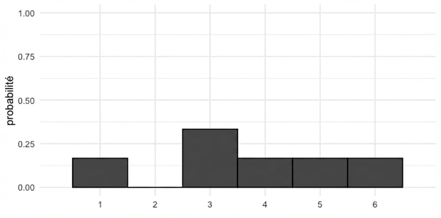Distribution de probabilité d’un dé irrégulier. Les barres 1, 4, 5 et 6 ont une hauteur de 1/6, la barre 2 a une hauteur de 0, la barre 3 a une hauteur de 1/3