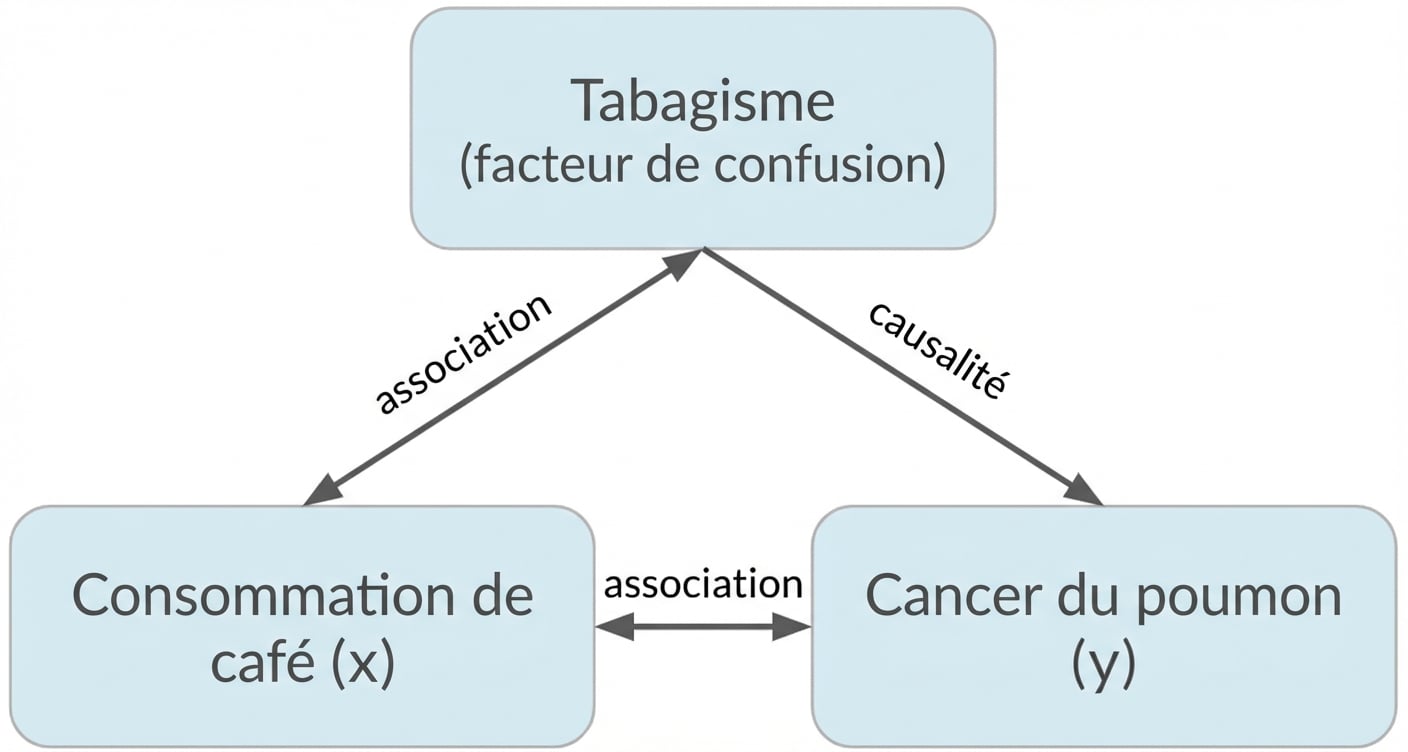 Consommation de café (x) avec double flèche vers le cancer du poumon (y) étiquetée « association ». Double flèche entre le tabagisme et la consommation de café, étiquetée « association ». Flèche entre le tabagisme et le cancer du poumon, étiquetée « causalité ».