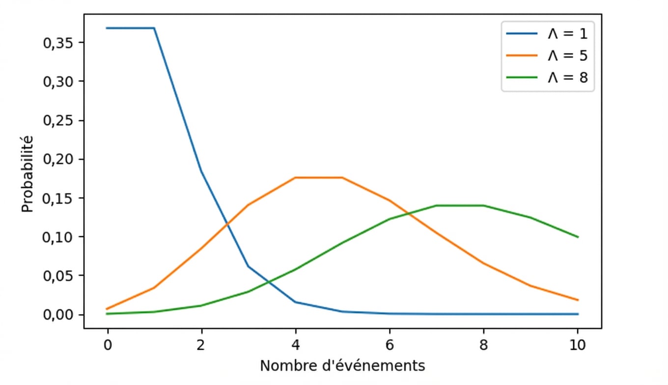 3 distributions de Poisson : une avec lambda = 1, une avec lambda = 5, et une avec lambda = 8