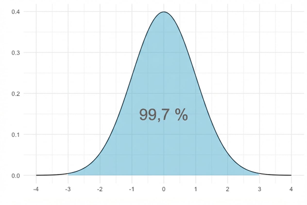 Distribution normale avec la zone entre -3 et 3 mise en évidence, étiquetée avec 99,7 %