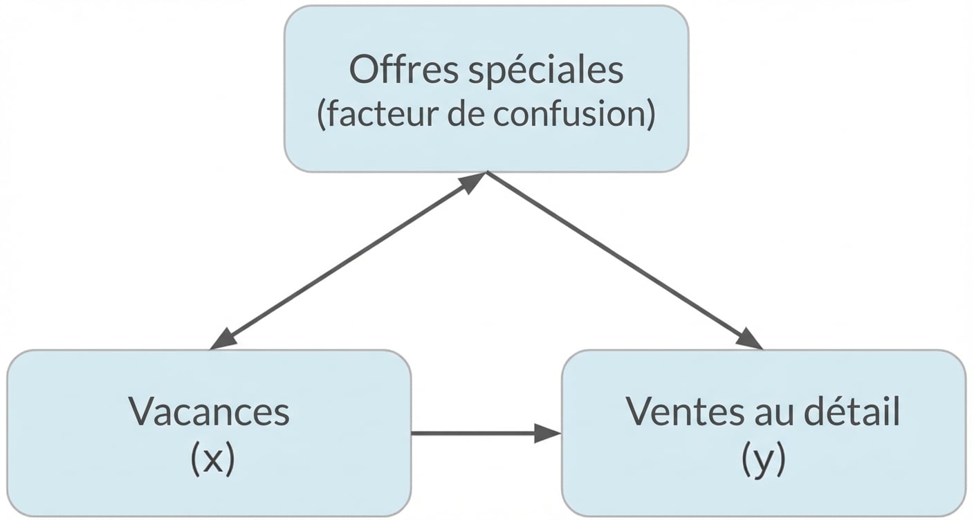 Les vacances (x) indiquent des ventes au détail (y). Les offres spéciales (facteur de confusion) ont une flèche double vers les vacances et une flèche simple vers les ventes au détail.
