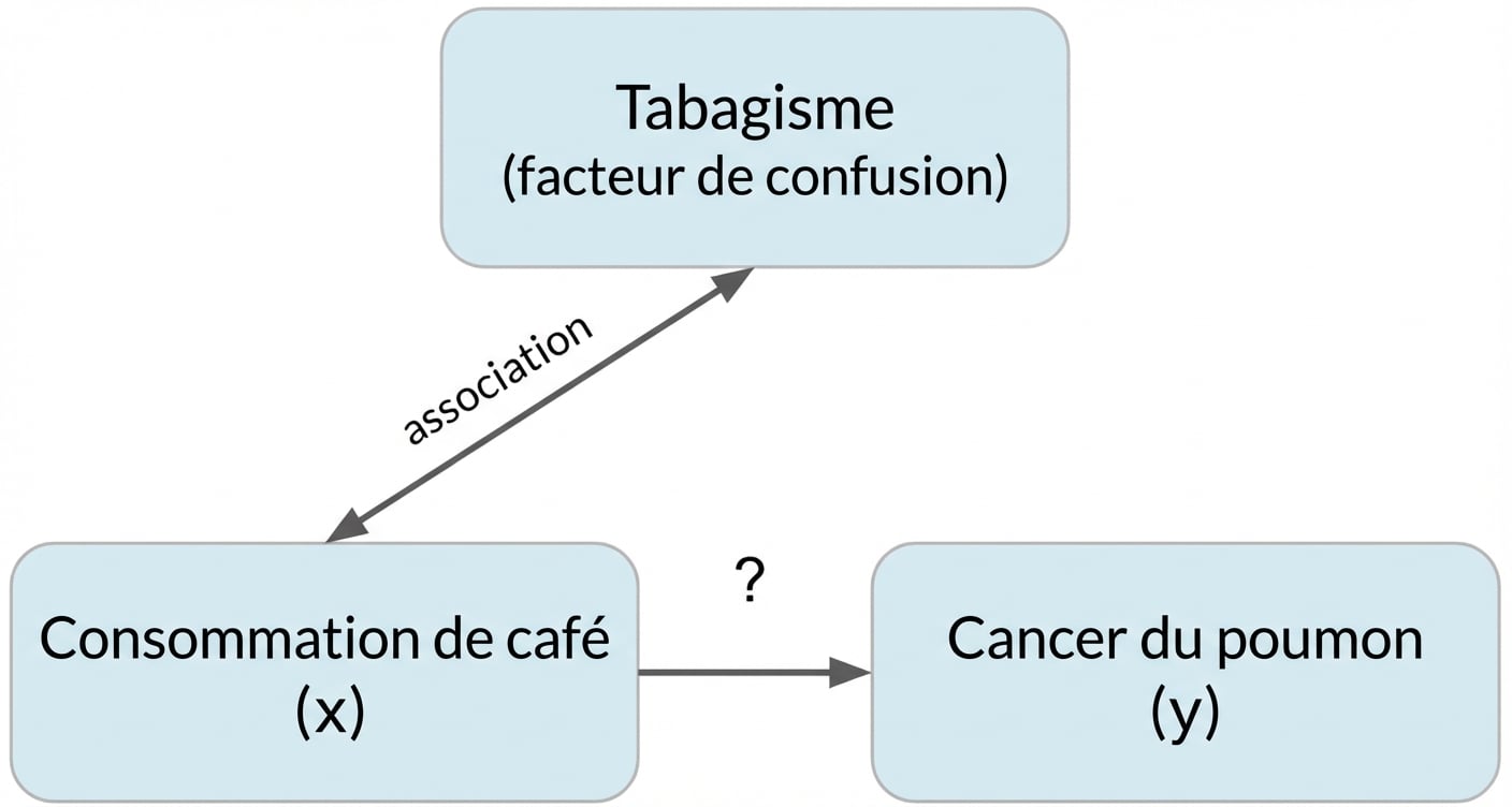 La consommation de café (x) indique le cancer du poumon (y) avec le tabagisme (facteur de confusion). Double flèche entre le tabagisme et la consommation de café, étiquetée « association ».