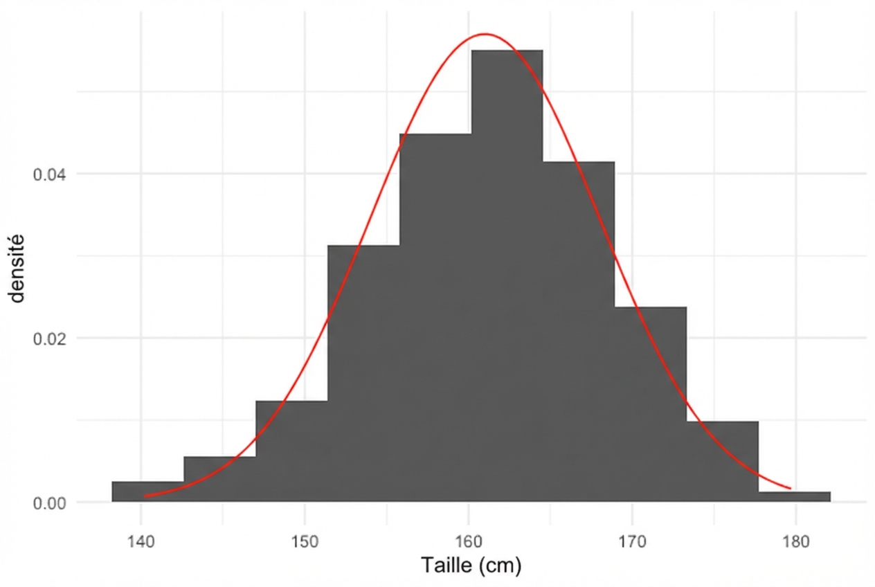 Courbe normale tracée sur l’histogramme des tailles des femmes