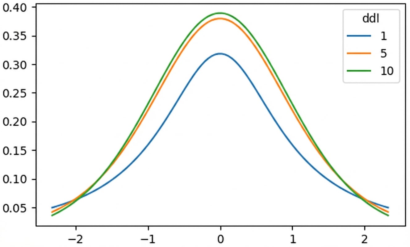 3 distributions t avec dl = 1, dl = 5, et dl = 10
