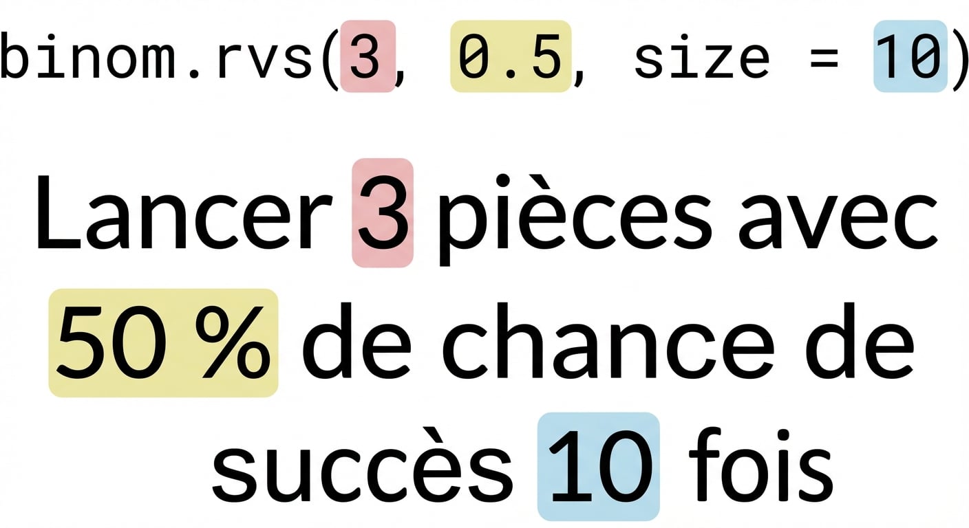 binom.rvs(3, 0.5, size=10) avec 3 en rouge, 0,5 en jaune, 10 en bleu. Texte : Lancer une pièce 3 (en rouge) fois avec 50 % (en jaune) de chances de succès 10 (en bleu) fois