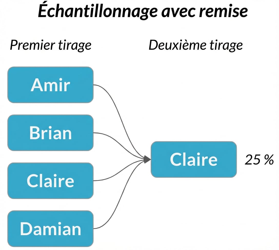 Les flèches partant de chaque nom dans la première colonne de sélection pointent vers Claire dans la deuxième colonne de sélection, avec une probabilité de 25 %