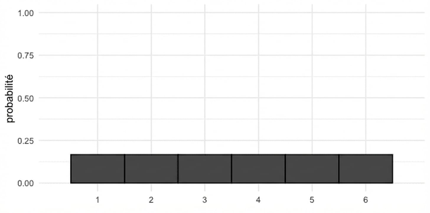 Graphique avec une barre pour chaque nombre de 1 à 6, avec une hauteur de 1/6.