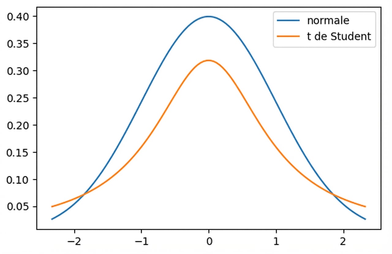Distribution t et distribution normale tracées sur les mêmes axes