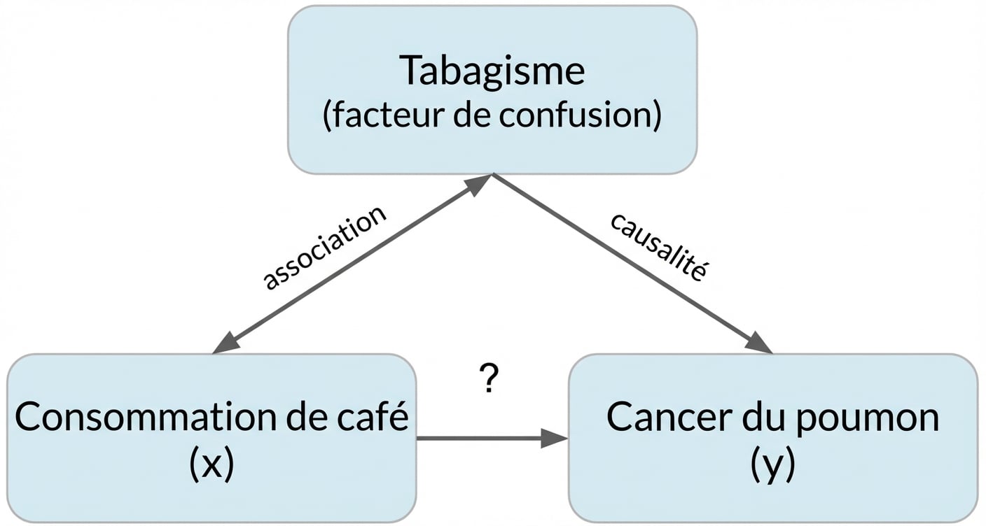 La consommation de café (x) indique le cancer du poumon (y) avec le tabagisme (facteur de confusion). Double flèche entre le tabagisme et la consommation de café, étiquetée « association ». Flèche entre le tabagisme et le cancer du poumon, étiquetée « causalité »