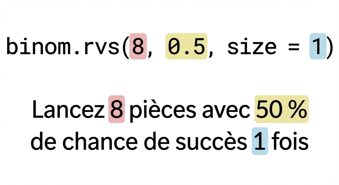 binom.rvs(8, 0.5, size=1) avec 8 en rouge, 0.5 en jaune, 1 en bleu. Texte : Lancer 8 (en rouge) pièces avec 50 % (en jaune) de chances de succès 1 (en bleu) fois