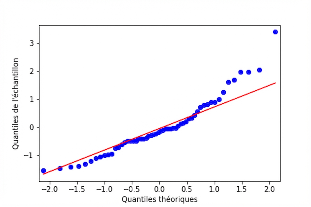 Graphique Q-Q des résidus standardisés du modèle de perche par rapport aux quantiles théoriques. Les points ne suivent pas étroitement la ligne où les résidus et les quantiles sont égaux, en particulier sur le côté droit du graphique.