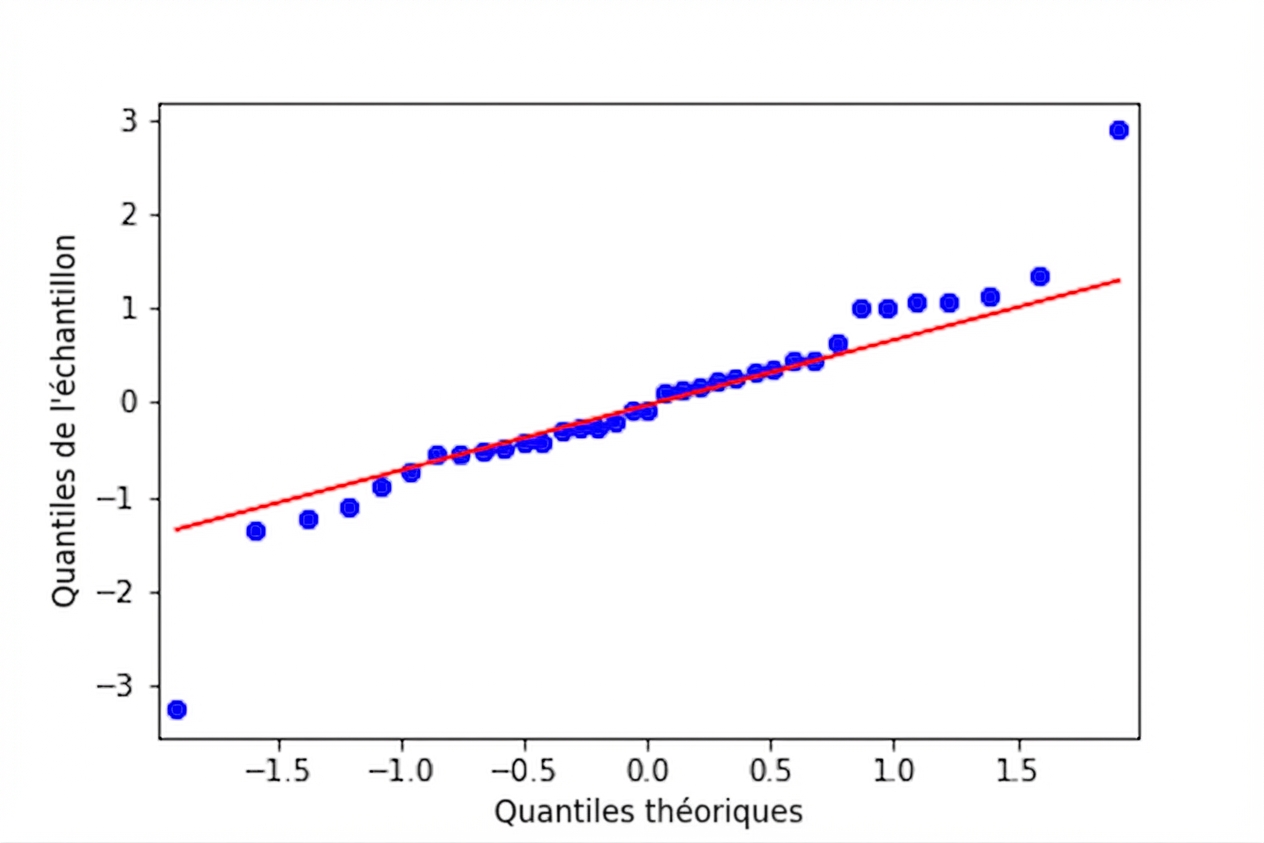 Graphique Q-Q des résidus standardisés du modèle de brème commune par rapport aux quantiles théoriques. Les points suivent de près la ligne où les résidus et les quantiles sont égaux, à l'exception de deux valeurs aberrantes.