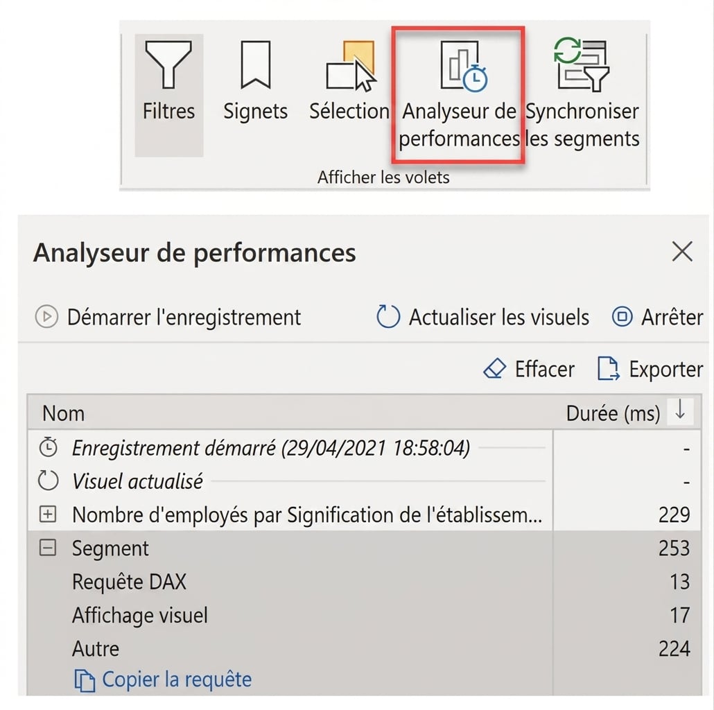 Captures d’écran de l’Analyseur de performances dans Power BI