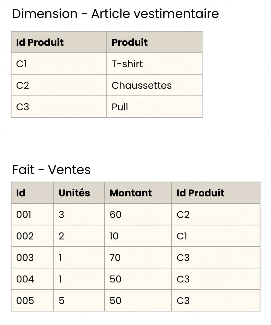 Vue détaillée des tables Fait et Dimension Article d’habillement.