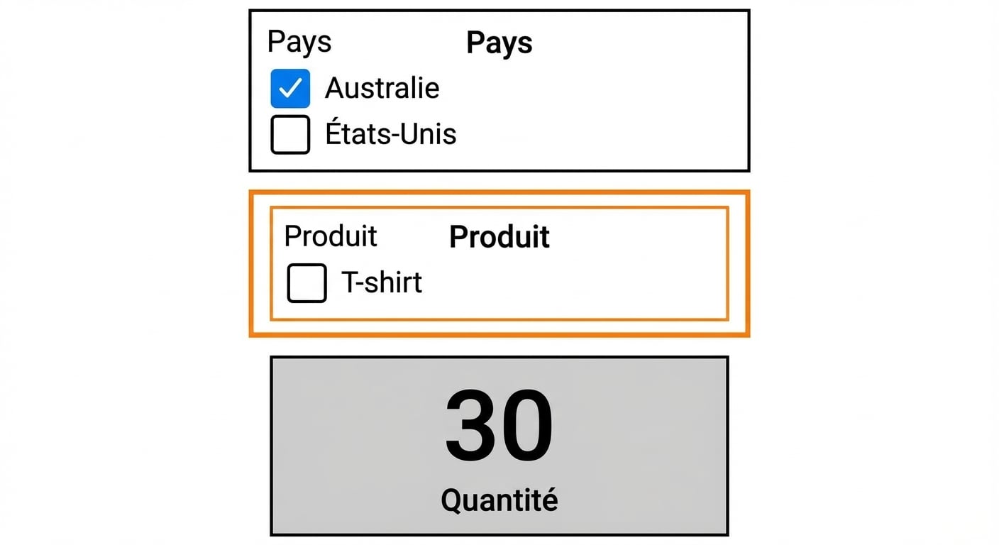 Vue de rapport avec un segment Pays, un segment Produit et une carte de la quantité. Le segment Produit n’affiche que les options pertinentes (pour l’Australie).