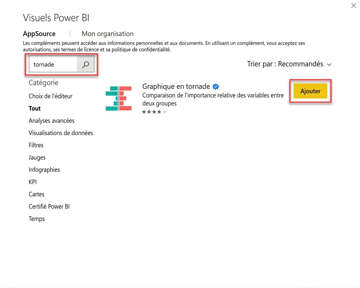 Ajout d’un diagramme en tornade à Power BI via Microsoft AppSource
