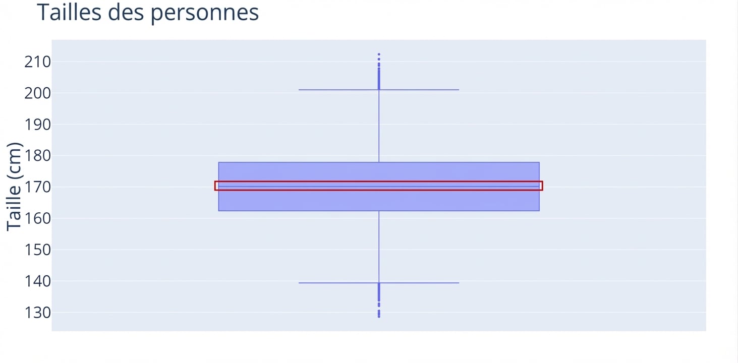 Un boîte à moustaches des tailles de personnes. Les tailles, en centimètres, sont sur l’axe des y. Un contour rouge entoure la ligne au centre de la boîte, la médiane.